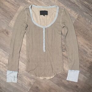 Hurley Tan Herringbone Long-Sleeve Henley with Light Blue Trim